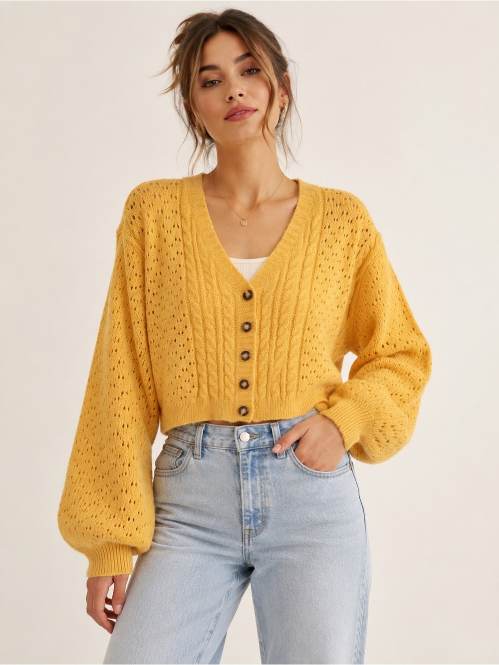 POL Yellow Pointelle Cable Knit Cropped Cardigan Balloon Sleeve Large
